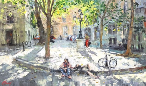 ELENA BOND (B.1965) PALETTE KNIFE PAINTING FRENCH COURTYARD, 36" X 60"