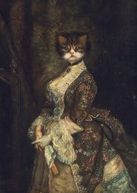 S.J. GUY (20TH C.) PAINTING, PORTRAIT OF A CAT DRESSED AS A LADY