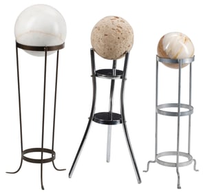 (3) COLLECTION OF MARBLE, AGATE & STONE SPHERES ON METAL STANDS