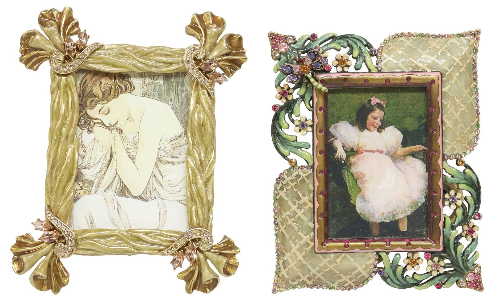(2) JAY STRONGWATER ENAMEL & SWAROVSKI CRYSTAL PICTURE FRAMES: (lot of 2) Jay Strongwater polychrome-enameled metal picture frames, each embellished with Swarovski crystals, with impressed maker's mark at back, including: (1) "Vienda" frame, in blush, retaining b