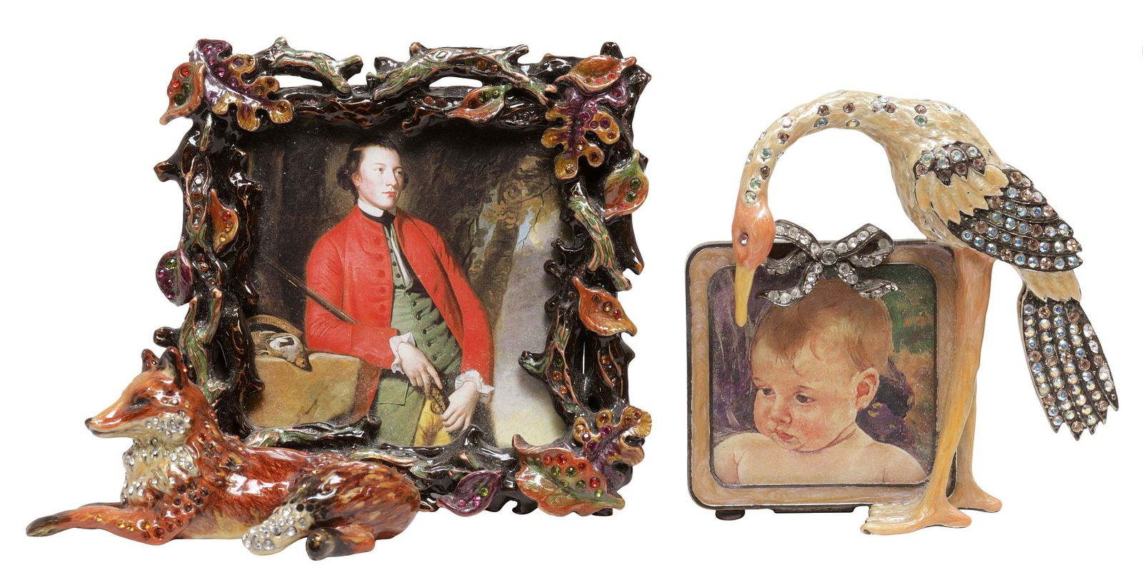 (2) JAY STRONGWATER ENAMEL & SWAROVSKI CRYSTAL ANIMAL PICTURE FRAMES: (lot of 2) Jay Strongwater polychrome-enameled metal picture frames, each embellished with Swarovski crystals, with impressed maker's mark at back, including: (1) featuring a recumbent fox, frame comp