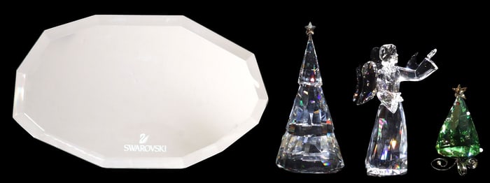 (4) SWAROVSKI CRYSTAL CHRISTMAS TREES, ANGEL & MIRROR