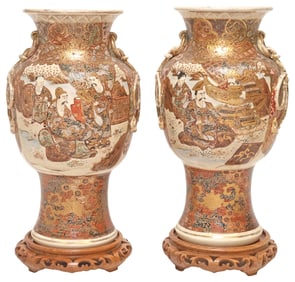 (2) JAPANESE SATSUMA PARCEL-GILT ENAMELED VASES ON STANDS