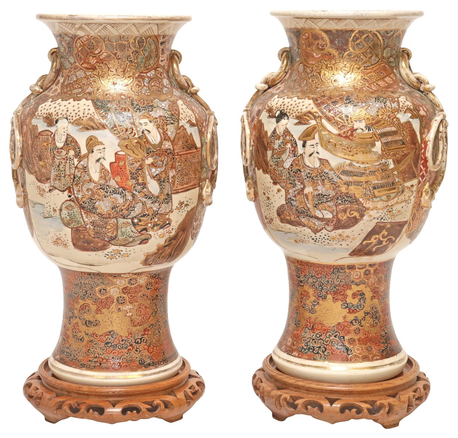(2) JAPANESE SATSUMA PARCEL-GILT ENAMELED VASES ON STANDS (1 of 5)