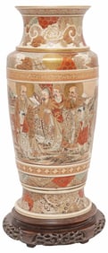 LARGE JAPANESE SATSUMA PARCEL-GILT VASE ON WOOD BASE