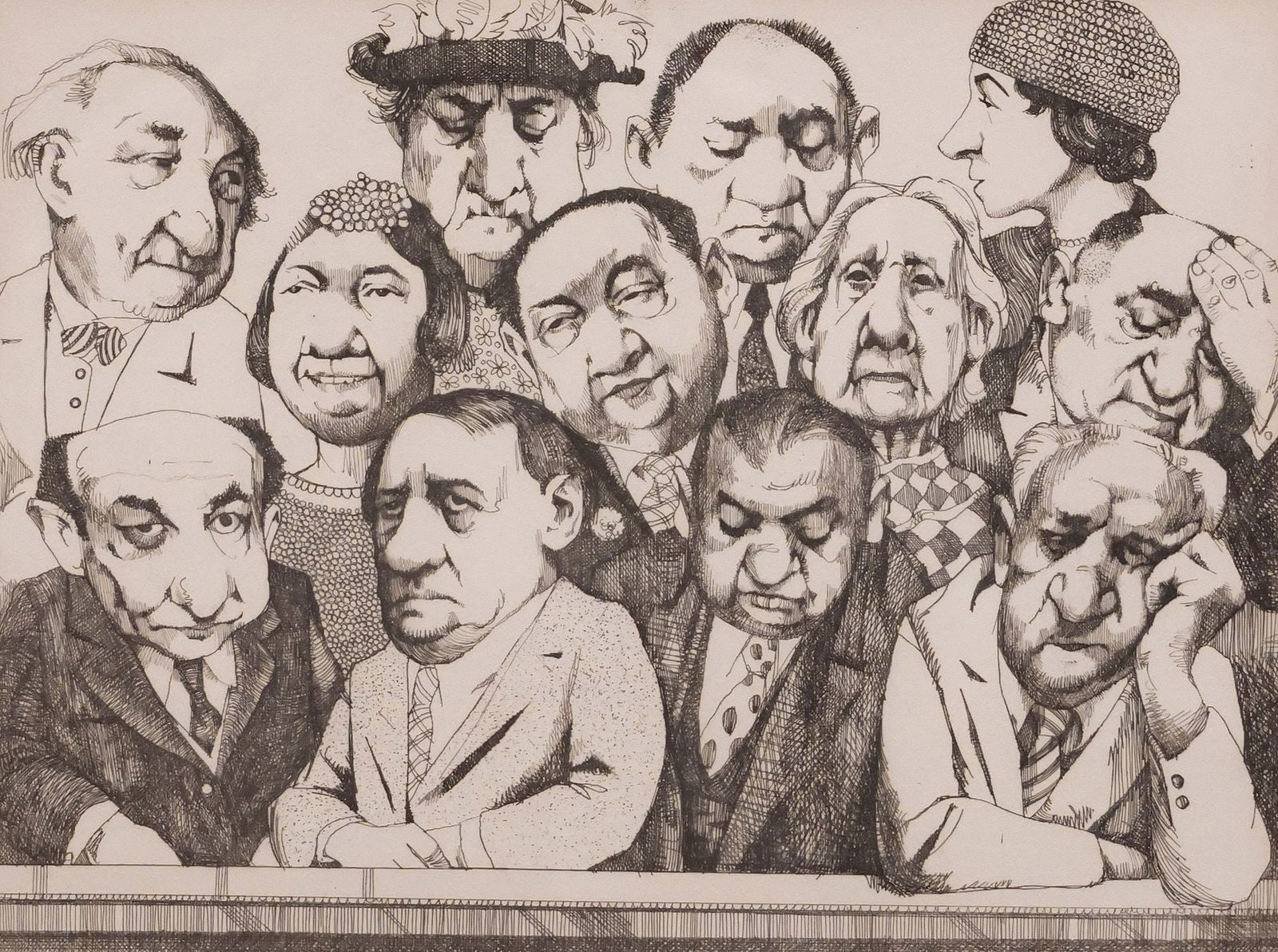 CHARLES BRAGG (1931-2017) SATIRICAL ETCHING 'THE JURY': Framed etching on paper, "The Jury," signed lower right Charles Bragg (American, 1931-2017), numbered 141/ 150, DuBose Gallery label verso, sight: approx 9.75"h, 12.25"w, overall: 15.25"h, 17.75"w, 3l