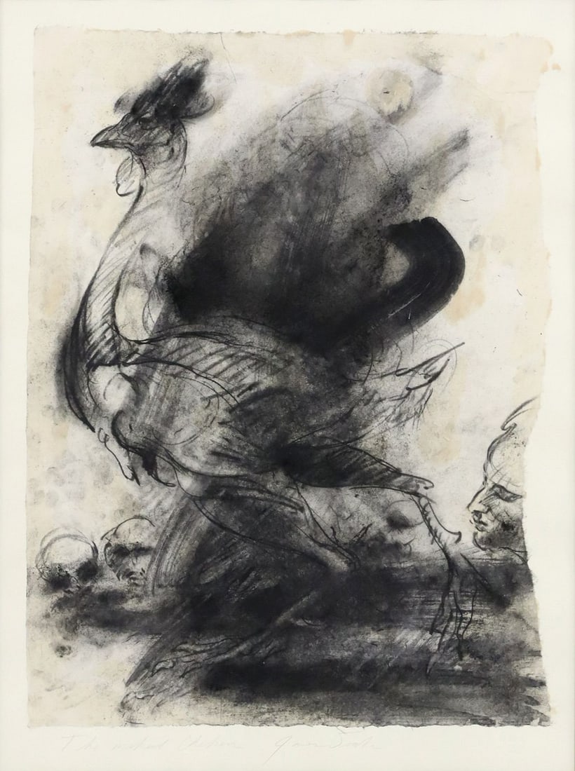 JAMES DRAKE (B.1946) CHARCOAL DRAWING CHICKEN & FIGURE STUDY (1 of 4)