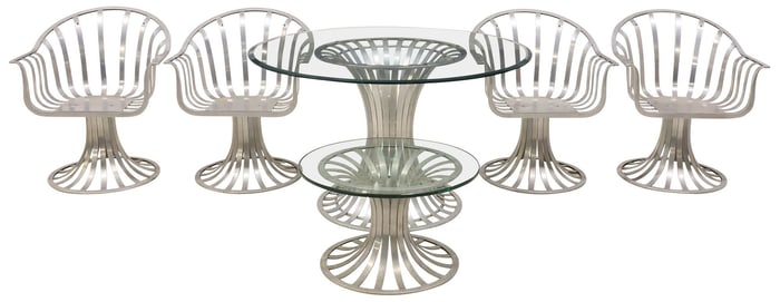(6) HERBERT SAIGER FOR RUSSELL WOODARD (ATTRIB.) ALUMINUM PATIO DINING SET