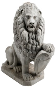 CAST COMPOSITE GARDEN STATUE, SEATED HERALDIC LION