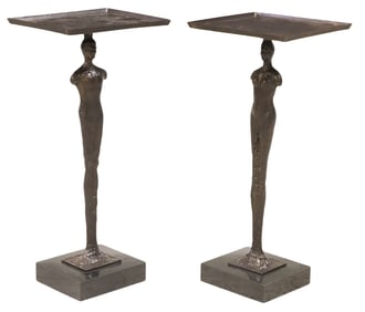 (2) ALBERTO GIACOMETTI STYLE FIGURAL PATINATED METAL SIDE TABLES