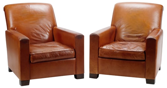 (2) ART DECO STYLE TAN LEATHER CLUB CHAIRS