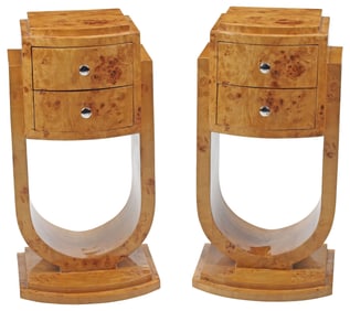 (2) ART DECO STYLE BURLWOOD TWO-DRAWER NIGHTSTANDS