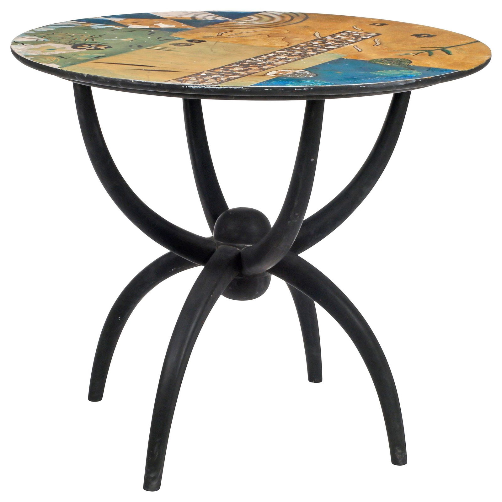 MODERN PAINT-DECORATED CIRCULAR TABLE: Modern paint-decorated & shell inlaid table, after a design by C. F. A. Voysey (Charles Francis Annesley Voysey, English, 1857-1941), approx 31"h, 35.5"diam