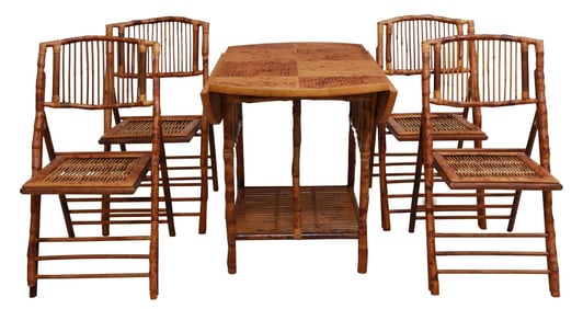 (5) BAMBOO DROP-LEAF TABLE & FOLDING CHAIRS