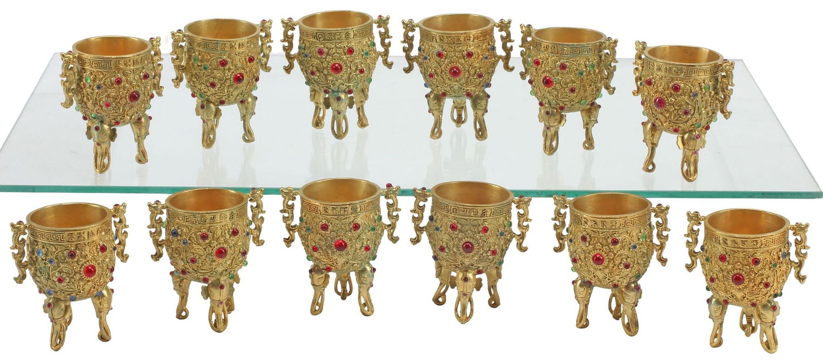 (12) CHINESE JEWELED GILT-BRONZE ELEPHANT MOTIF CUPS (1 of 4)