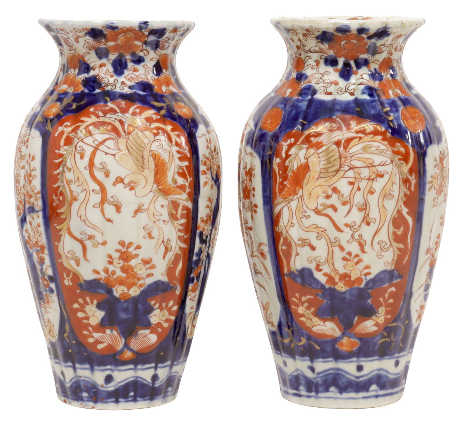 (2) JAPANESE IMARI PALETTE PORCELAIN RIBBED VASES (1 of 3)
