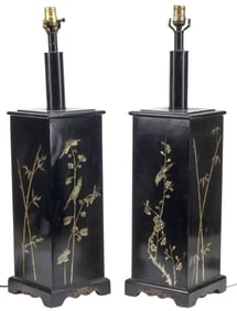 (2) JAPANESE INLAID BLACK LACQUER SQUARE 1-LIGHT TABLE LAMPS