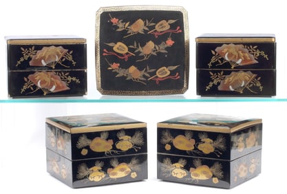 (5) JAPANESE BLACK LACQUER PAINTED TABLE BOXES