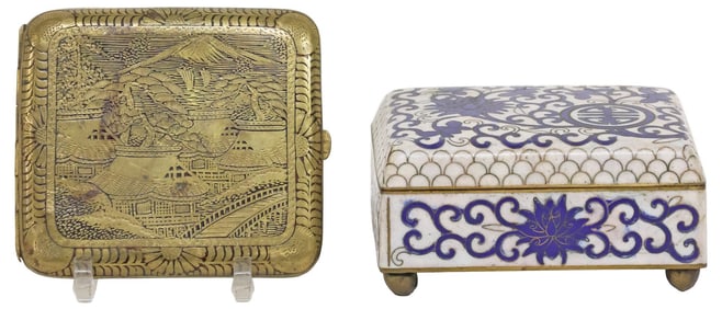 (2) JAPANESE MEIJI NIELLO & BRASS CIGARETTE CASE & CHINESE CLOISONNE BOX