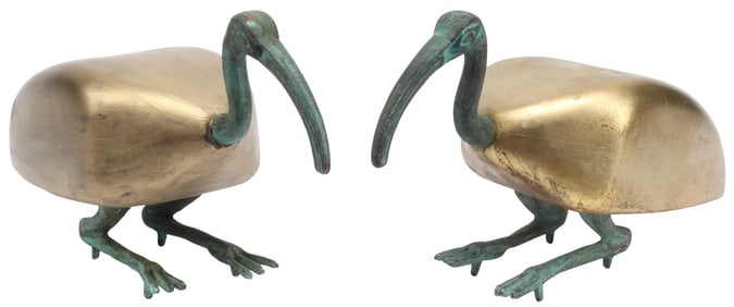 (2) EGYPTIAN STYLE PATINATED BRONZE & GILT-PAINTED WOOD IBIS FIGURES