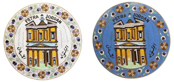 (2) CLOISONNE ENAMEL TOURING PLATES, PETRA JORDAN TOMB FACADE