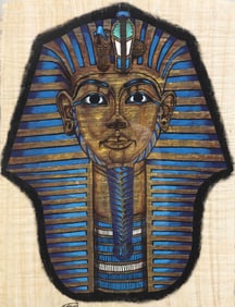 FRAMED PAINTING ON PAPYRUS, BUST OF EGYPTIAN PHARAOH KING TUT