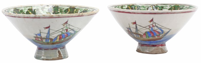 (2) PERSIAN GLAZED CERAMIC FOOTED BOWLS
