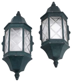 (2) VERDIGRIS FINISH WALL-MOUNTED METAL & GLASS LANTERN SHADES