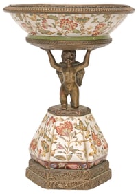 WONG LEE PORCELAIN & BRONZE FIGURAL CENTERPIECE COMPOTE