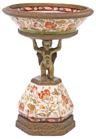LARGE WONG LEE PORCELAIN & BRONZE FIGURAL CENTERPIECE COMPOTE