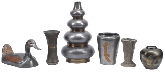 (6) COLLECTION OF INLAID PEWTER & METAL TABLE ARTICLES