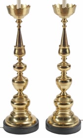 (2) LARGE BRASS CANDLESTICKS NOW MOUNTED AS LAMPS, 48"H