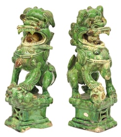 (2) CHINESE SANCAI GLAZED FIGURAL FOO LION CENSERS