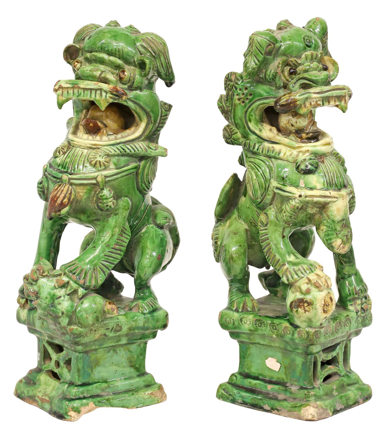 (2) CHINESE SANCAI GLAZED FIGURAL FOO LION CENSERS (1 of 4)