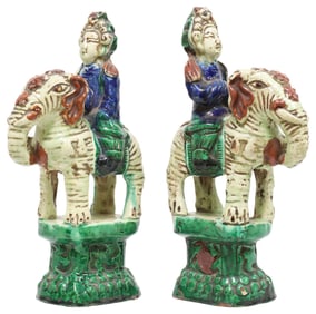 (2) CHINESE FIGURAL SANCAI GLAZED CENSERS, MAN ON ELEPHANT