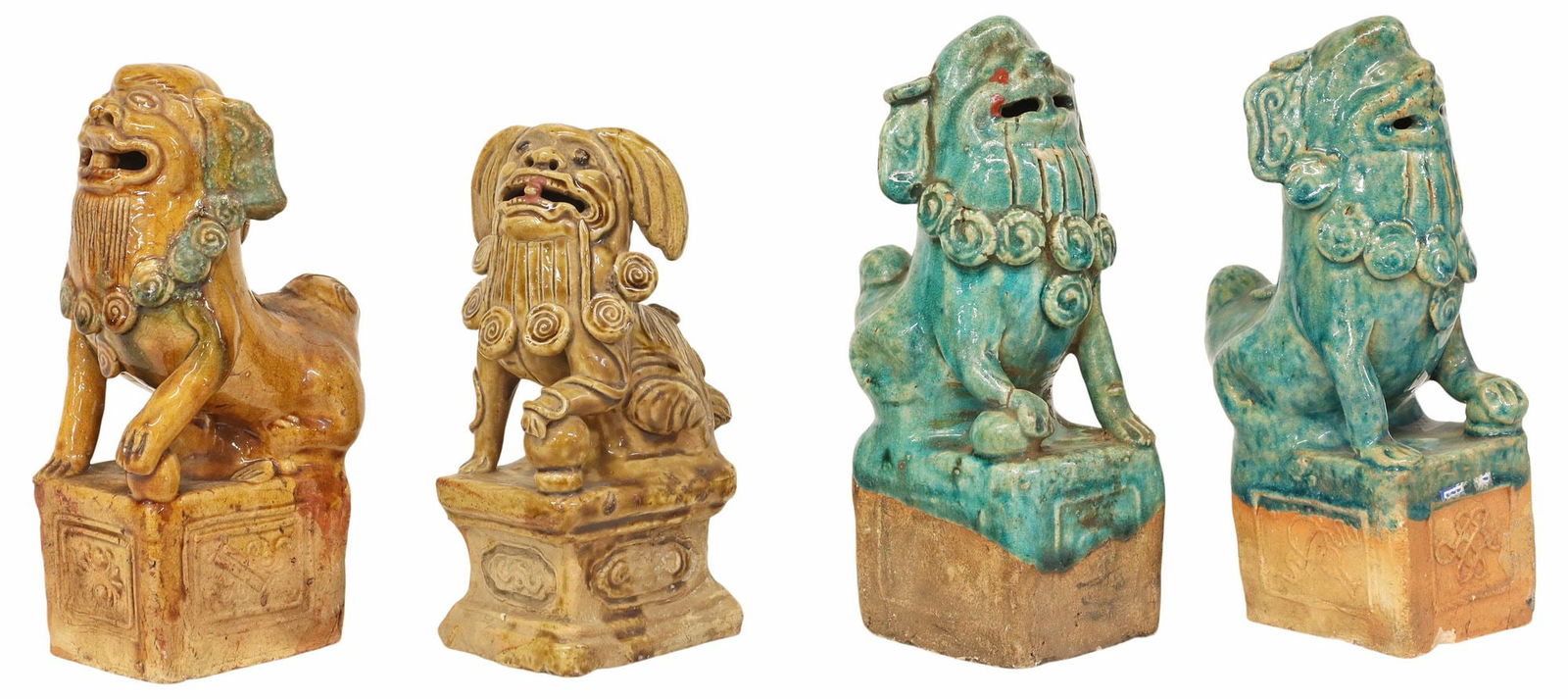 (4) CHINESE SANCAI & TEAL GLAZED FIGURAL FOO LION CENSERS (1 of 4)