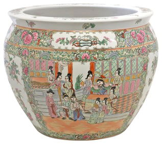CHINESE ROSE MEDALLION PARCEL-GILT PORCELAIN FISH BOWL