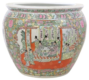 CHINESE ROSE MEDALLION PARCEL-GILT PORCELAIN FISH BOWL