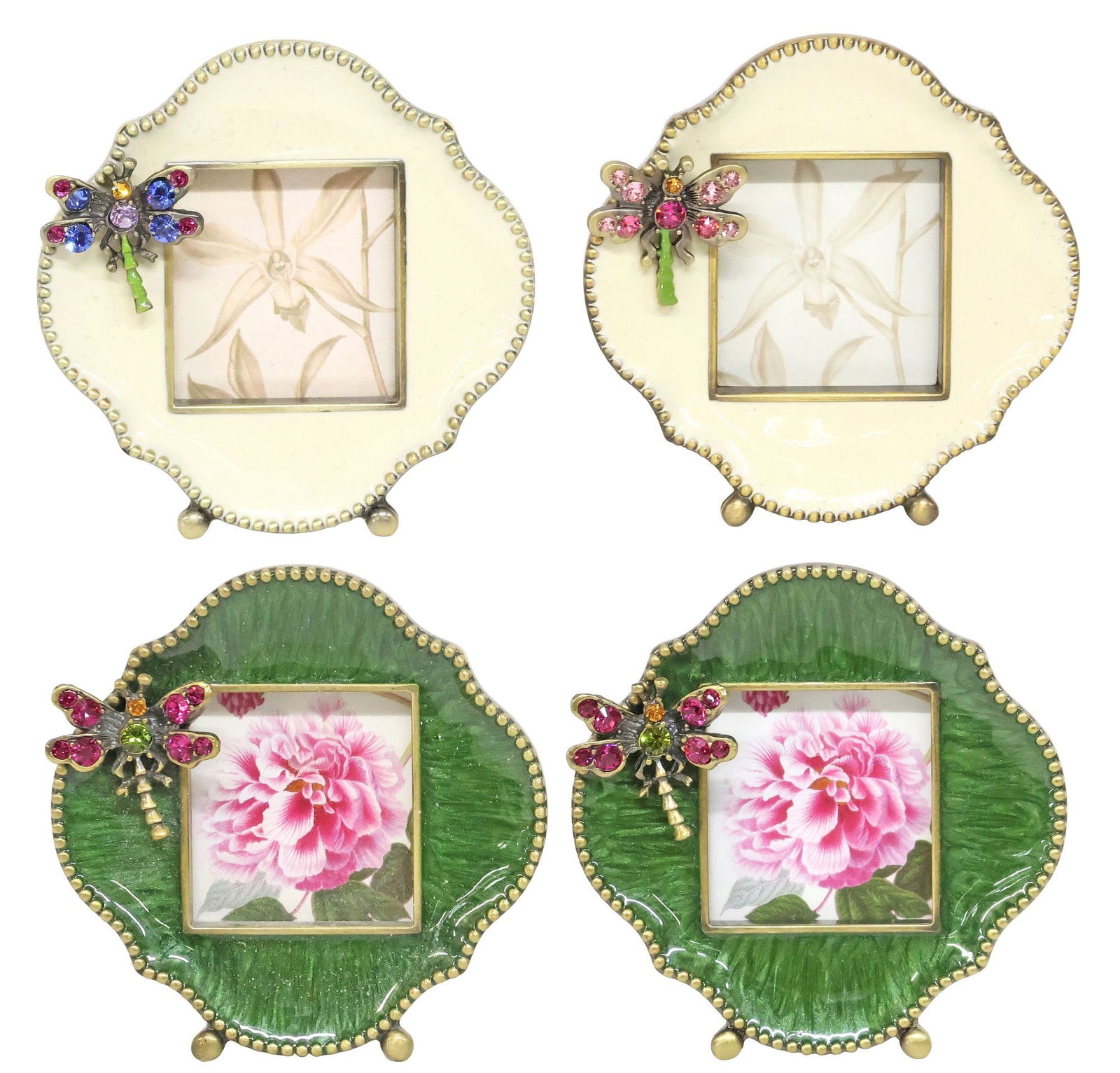 (4) JAY STRONGWATER ENAMEL& SWAROVSKI CRYSTAL 'DRAGONFLY MINI' FRAMES: (lot of 4) Jay Strongwater polychrome-enameled metal "Dragonfly Mini" miniature picture frames, each embellished with Swarovski crystals, with impressed maker's mark at back, retaining branded cardboa