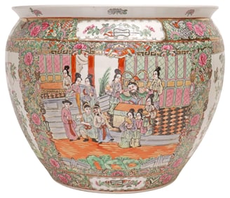 CHINESE ROSE MEDALLION PARCEL-GILT PORCELAIN FISH BOWL