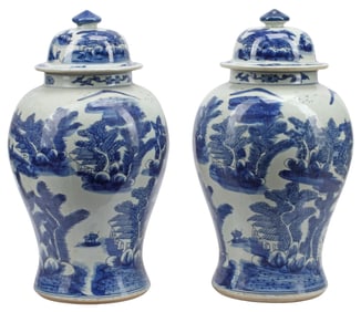 (2) CHINESE BLUE & WHITE PORCELAIN COVERED JARS