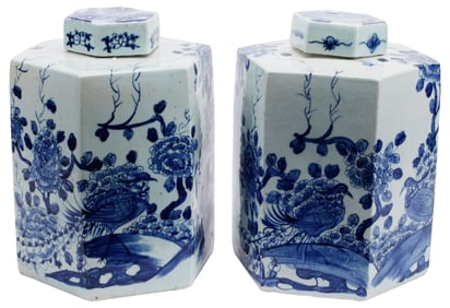 (2) CHINESE BLUE & WHITE PORCELAIN HEXAGONAL TEA CADDIES
