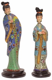 (2) CHINESE CLOISONNE ENAMEL FIGURES ON STANDS, FEMALE BEAUTIES