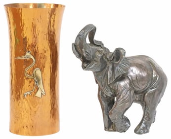 (2) STERLING SILVER-CLAD RESIN ELEPHANT & COPPER VASE