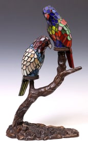 TIFFANY STYLE STAINED GLASS FIGURAL BIRDS 2-LIGHT TABLE LAMP