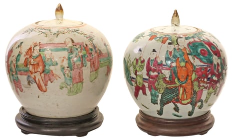 (2) CHINESE FAMILLE ROSE FIGURAL GINGER JARS ON STANDS