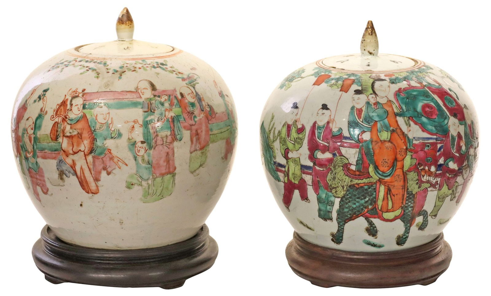 (2) CHINESE FAMILLE ROSE FIGURAL GINGER JARS ON STANDS (1 of 5)