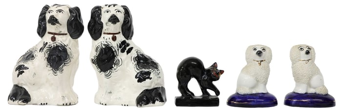 (5) ENGLISH STAFFORDSHIRE MANTEL DOGS & VICTORIAN CAT FIGURE