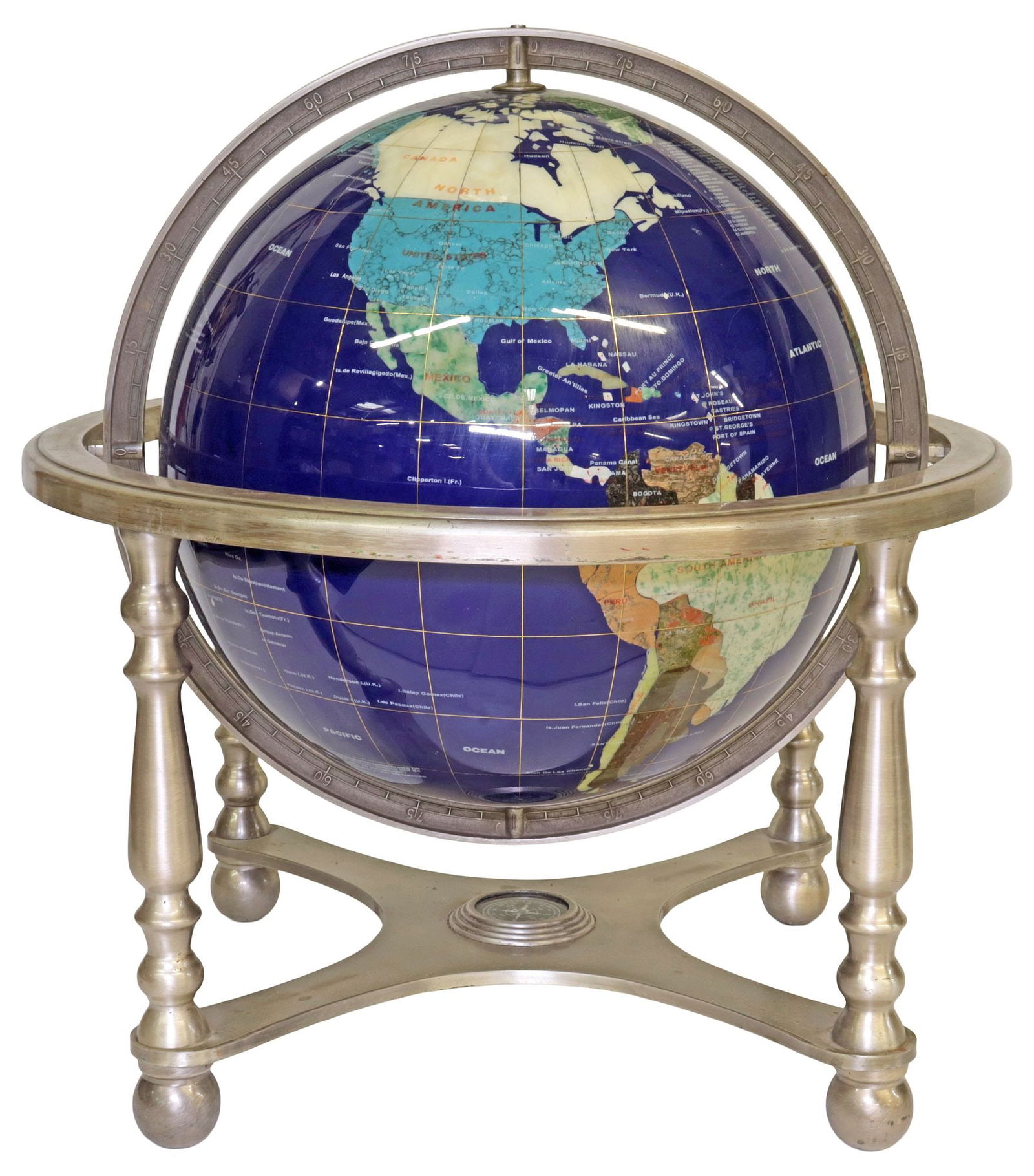 CONTEMPORARY SEMI-PRECIOUS STONE & SHELL-INLAID TABLETOP GLOBE (1 of 6)