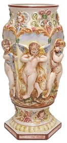 LARGE ITALIAN R. CAPODIMONTE PORCELAIN CHERUBS VASE, 23.5"H